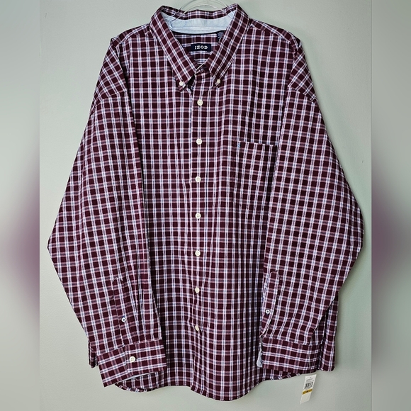 Izod Soft Wash Essentials Button-Up Shirt Regular Fit Stretch Fabric, Maroon, 4X - Picture 5 of 10